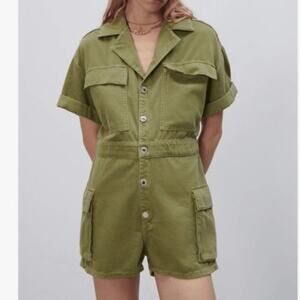 ZARA | Romper Safari Utility Style Shorts Playsuit Romper Olive Green | Medium